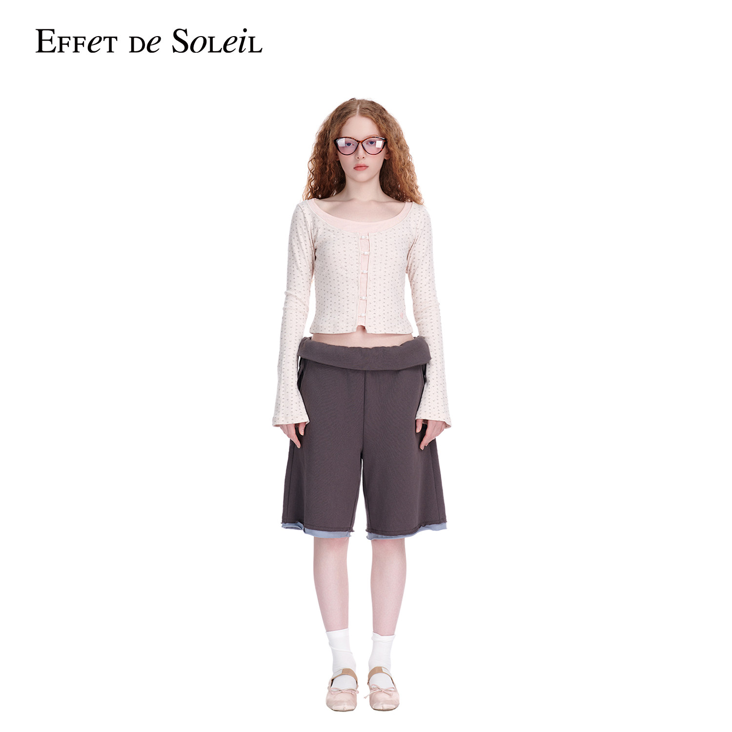 Effet de Soleil翻腰系带中裤女休闲五分裤宽松直筒短裤新品26夏