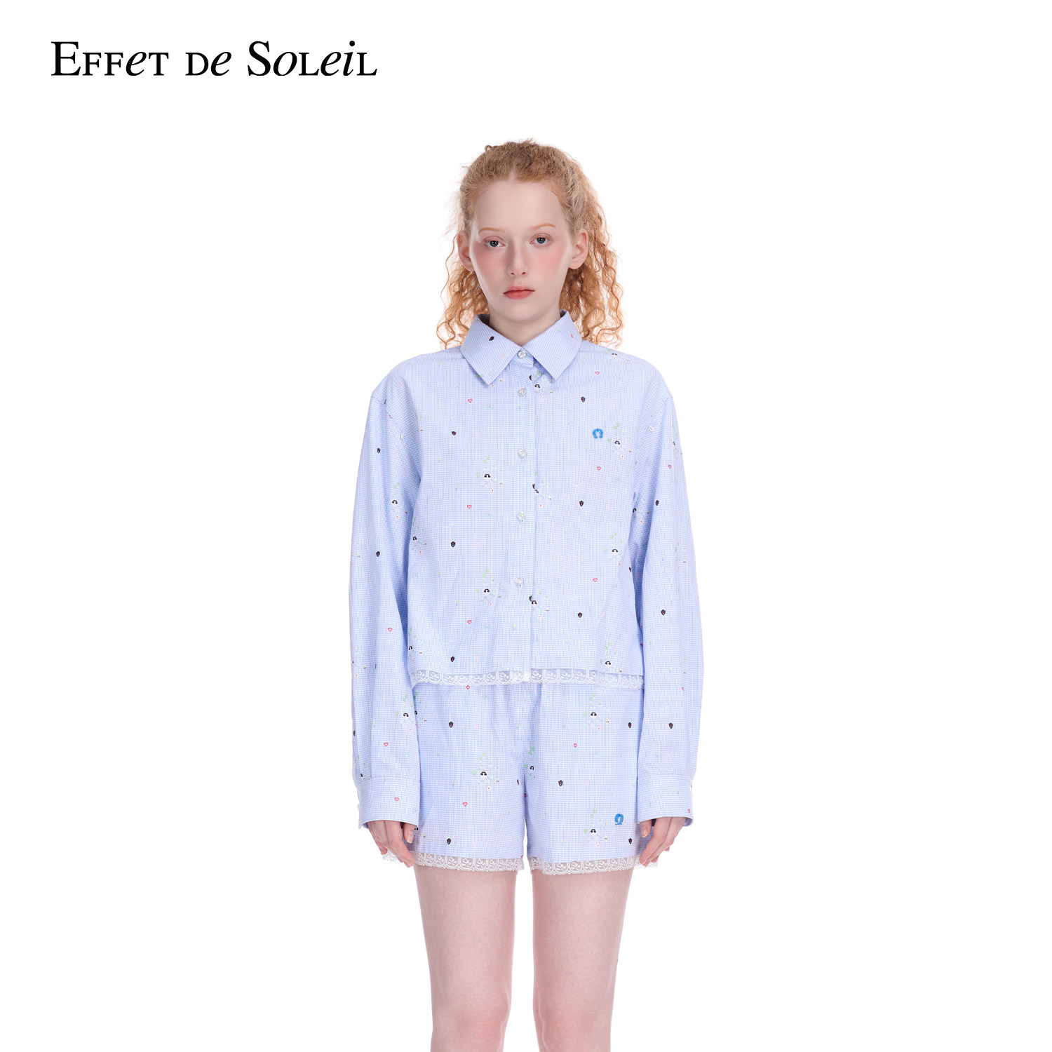 Effet de Soleil格纹印花短款蕾丝花边长袖衬衫上衣女新品26夏
