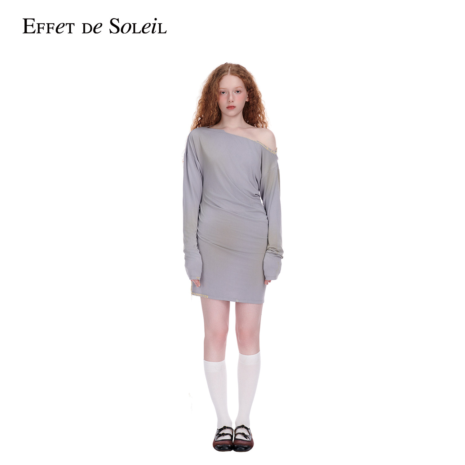 Effet de Soleil喷色斜肩连衣裙女修身露肩裙子新品26夏