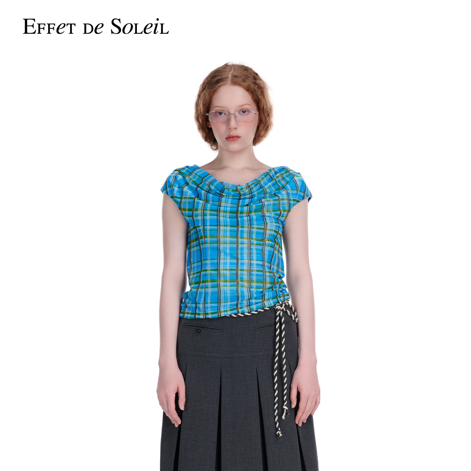 Effet de Soleil格纹荡领T恤一字肩网纱背心上衣女装新品26夏
