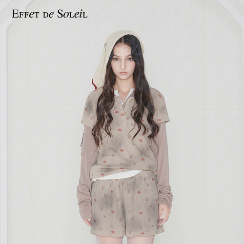 Effet de Soleil印花水洗亨利领短袖T恤女修身短款上衣新品