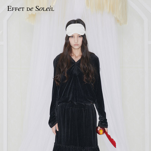 Effet de Soleil花边连帽长袖T恤上衣女丝绒V领打底衫新品