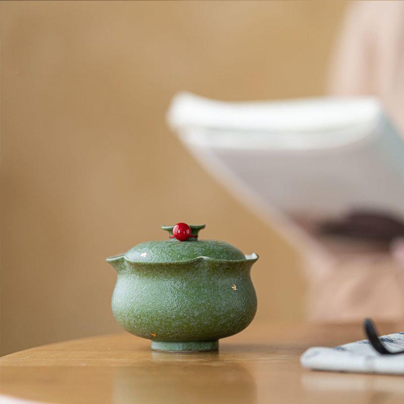 画续绿釉洒金花口二才盖碗中式陶瓷茶具茶道复古国风茶室家用茶杯