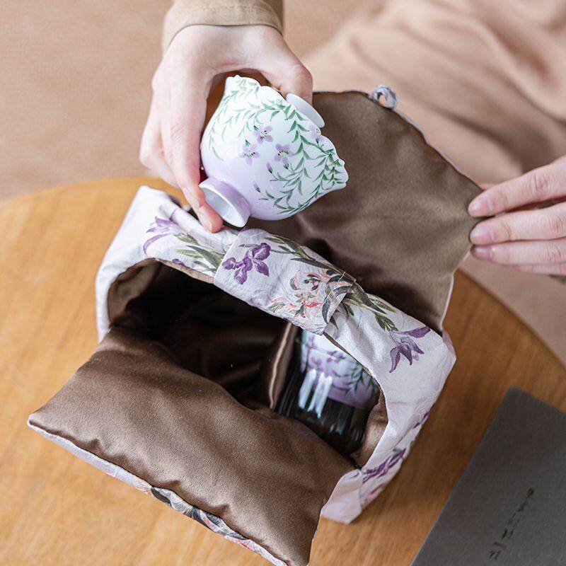 白瓷釉下彩手绘凌霄花旅行茶具套装户外泡茶壶茶杯便携式茶具套装