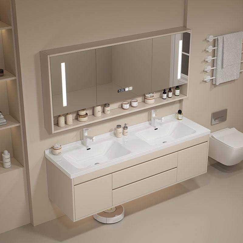 北欧轻奢陶瓷一体盆双盆浴室柜组合现简约实木智能洗漱脸手池台