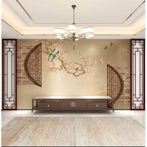 3d新中式电视背景墙壁纸现代中国风壁画 画客厅装饰墙布玉兰花鸟