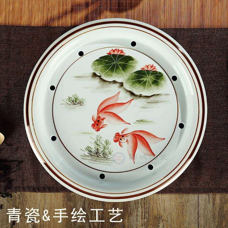 潮汕茶盘大号 潮州陶瓷圆形储水式托盘家用客厅 单茶台