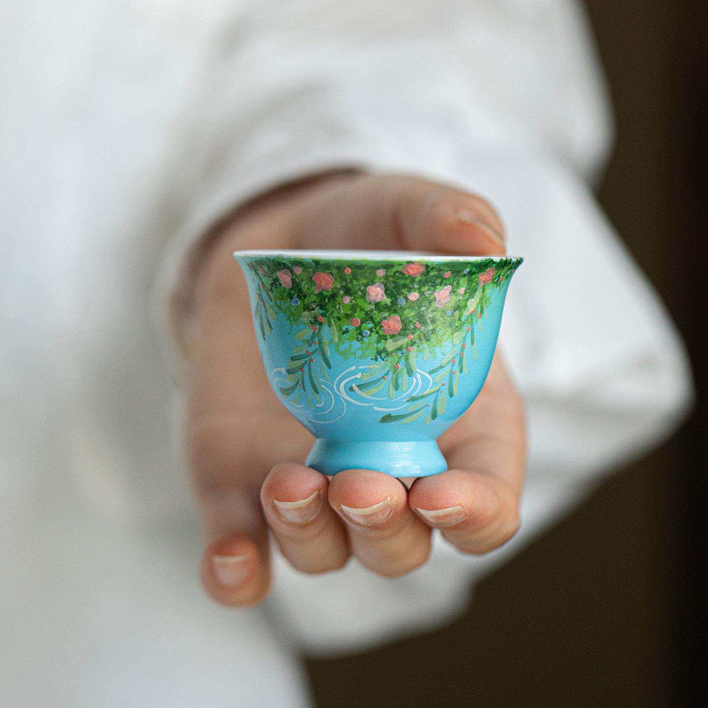 墨己蓝地彩绘油画风柳燕絮语陶瓷品茗杯小号手绘家用茶杯单杯杯子
