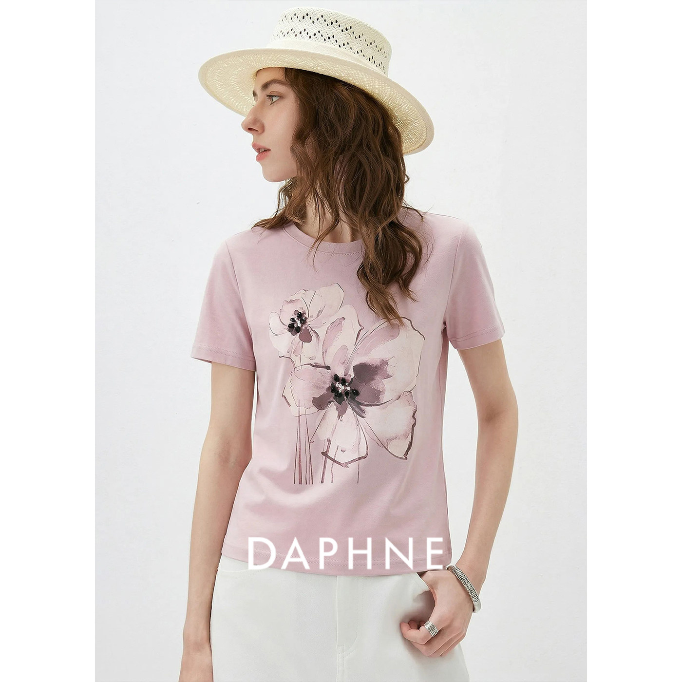 Daphne达芙妮新疆棉粉色花卉钉珠T恤女夏季修身显瘦圆领正肩上衣