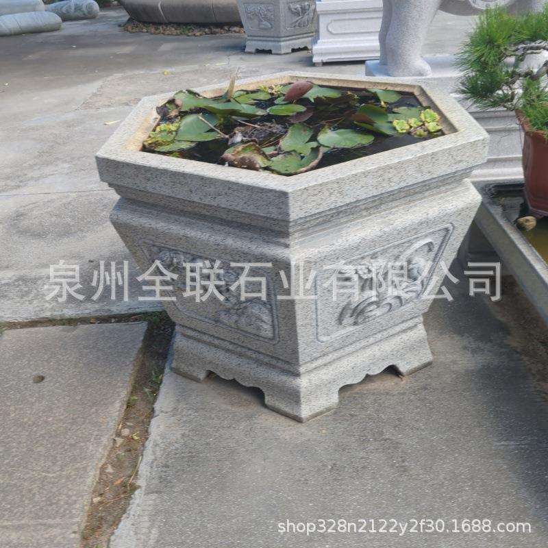 六角石雕雕花鱼缸水缸荷花缸莲花缸石雕石头六角树盆树池树钵雕塑