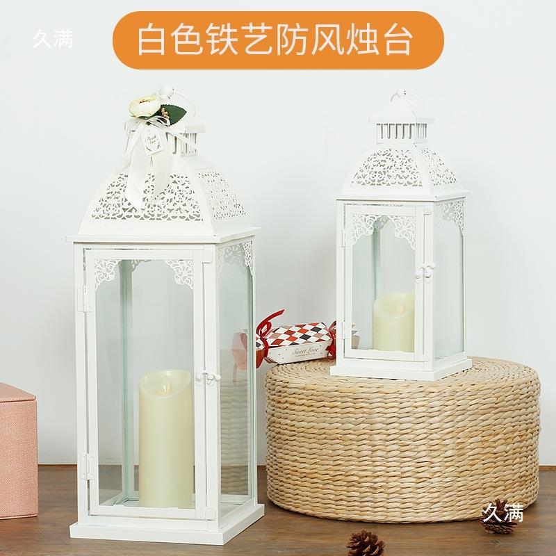 白色花片装饰婚庆烛台路引铁艺防风风灯玻璃蜡烛灯氛围灯摄影道具