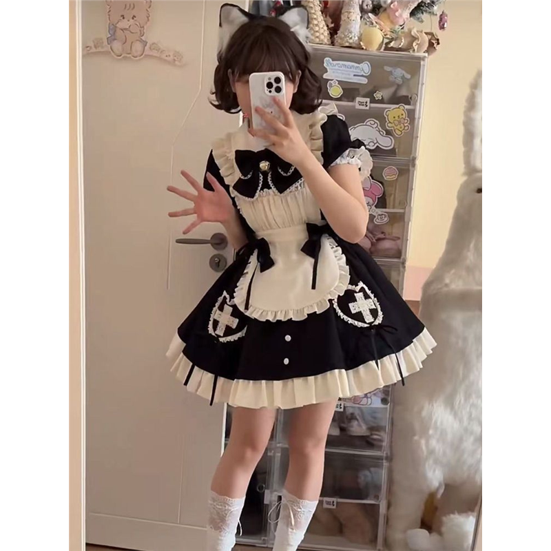 心动告急 甜美可爱女仆Lolita黑白拼色op日常公主连衣裙+围裙套装