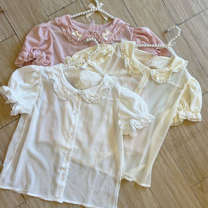 lolita透明内搭蝴蝶结可爱软妹上衣娃娃领轻薄 洛丽塔打底短袖