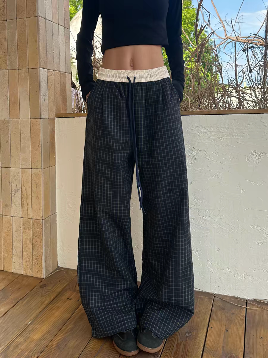 Hope88美式复古格子裤男女宽松直筒慵懒卫裤阔腿运动休闲裤子情侣