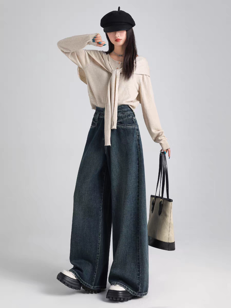 vfvk深蓝色高腰牛仔裤阔腿宽松加长梨形裤子女款2026新款冬直筒裤