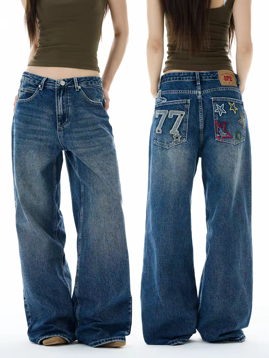 尾郎的店美式高街直筒宽松阔腿牛仔裤男女设计感贴布裤子情侣潮牌