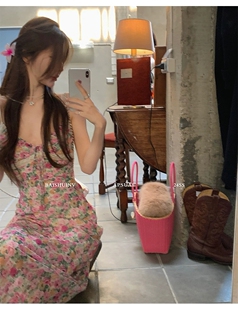 白水女【油画野玫瑰~】碎花吊带连衣裙女夏拼接花边收腰显瘦长裙