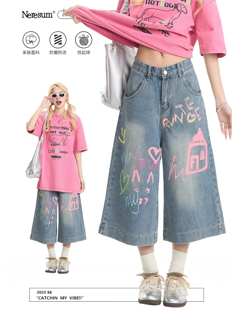 NERESUM涂鸦牛仔七分裤女夏季美式阔腿裤子宽松直筒街头休闲短裤