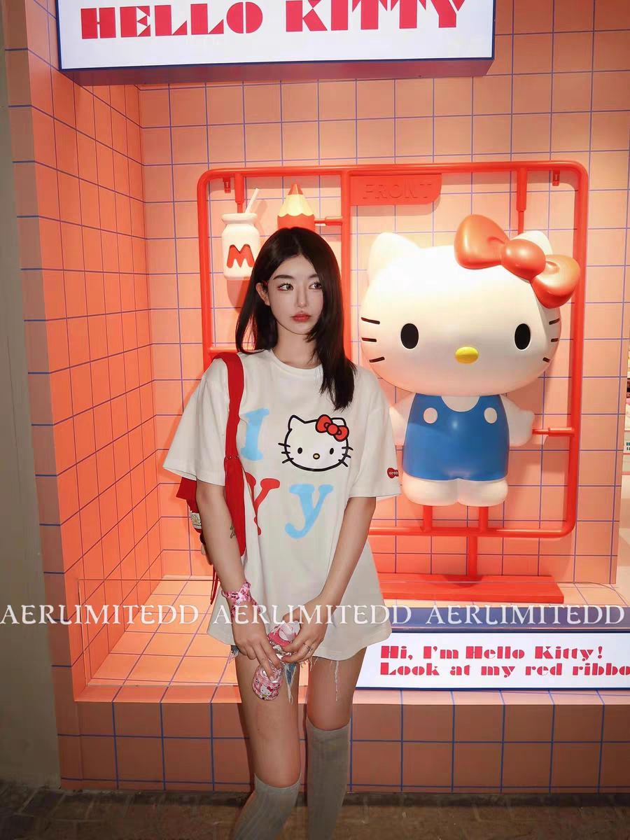 韩国正品！25SS新款Open*联名Kitty猫印花短袖潮牌宽松慵懒风t恤