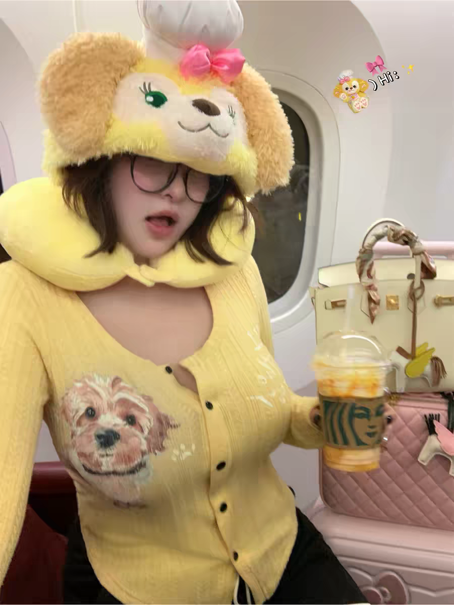 周白子 黄油修勾T 春季微胖纯欲风印花长袖T恤女针织收腰女上衣
