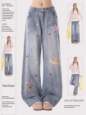 Rayohopp星星贴布牛仔裤女春夏新款直筒裤子宽松显瘦百搭阔腿长裤