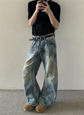 MaxDstr小弯刀版型 破洞脏染垂感重磅牛仔裤男宽松美式覆古长裤