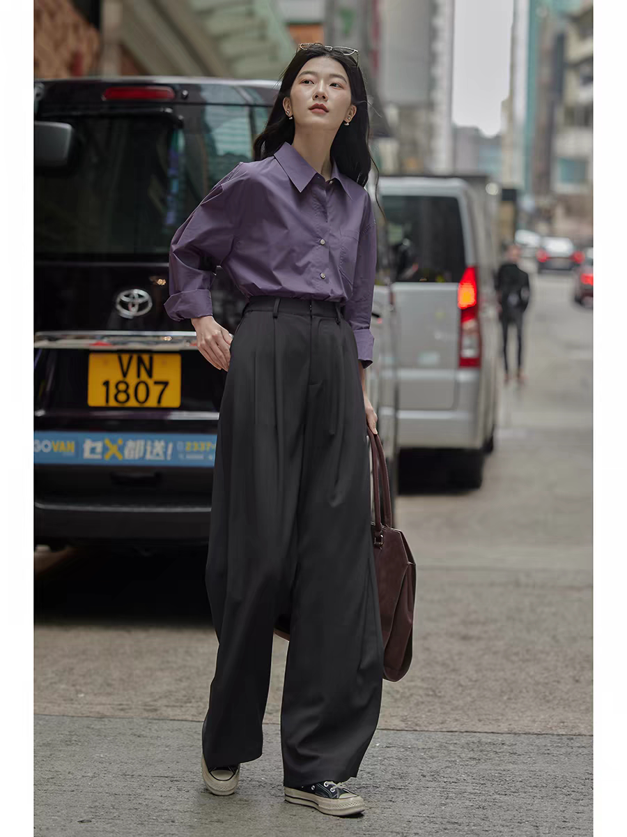 觅定灰色西装裤女春阔腿裤直筒裤垂感高级感裤子休闲裤小个子长裤