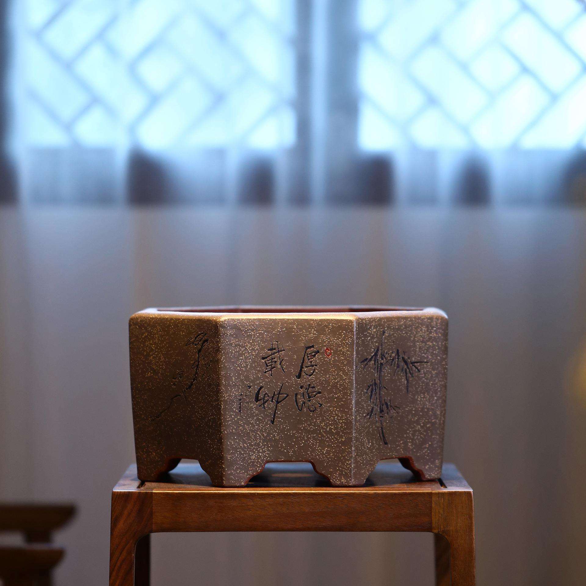 紫砂花盆刻绘精工通转山水六方八方形盆景盆觅陶乡兰花盆