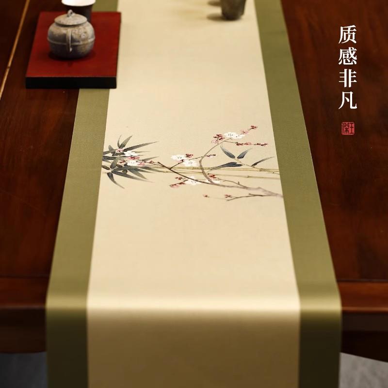 绢本防水茶席新中式桌旗禅意现代简约干泡台垫布艺长条茶桌布茶布
