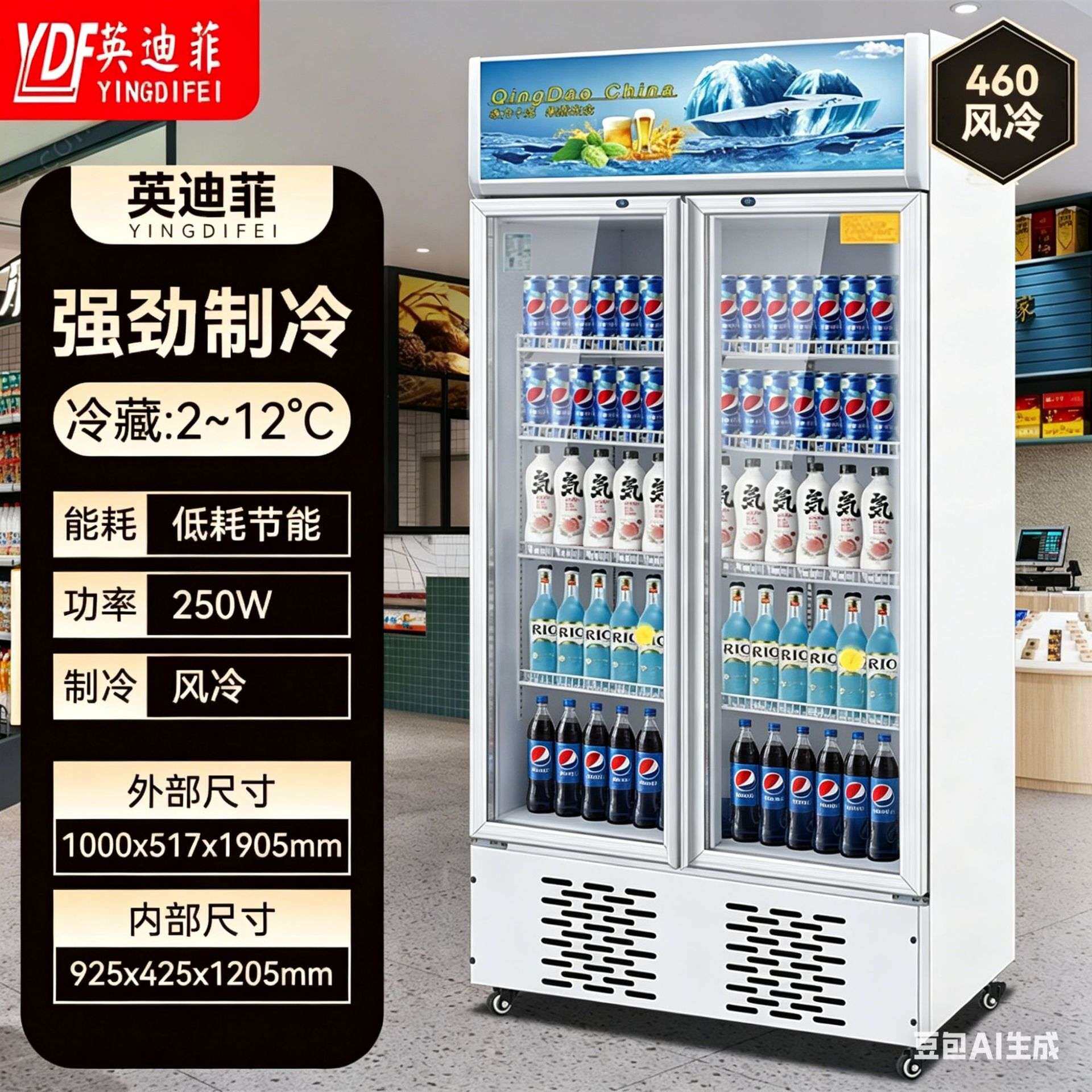 小双门风冷超市便利店保鲜柜啤酒饮料冷藏展示英迪菲商用展示柜
