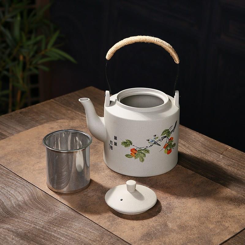 家用陶瓷茶壶古韵粗陶提梁壶酒店餐馆大容量茶壶泡茶器带滤网凉水