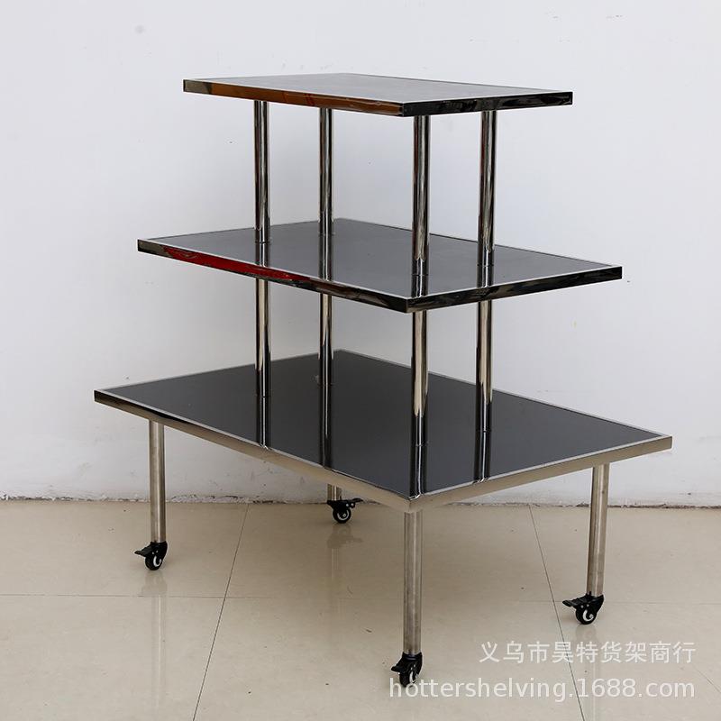 昊特尔三层不锈钢展示台黑色木板服装店烤漆流水台展示架可移动