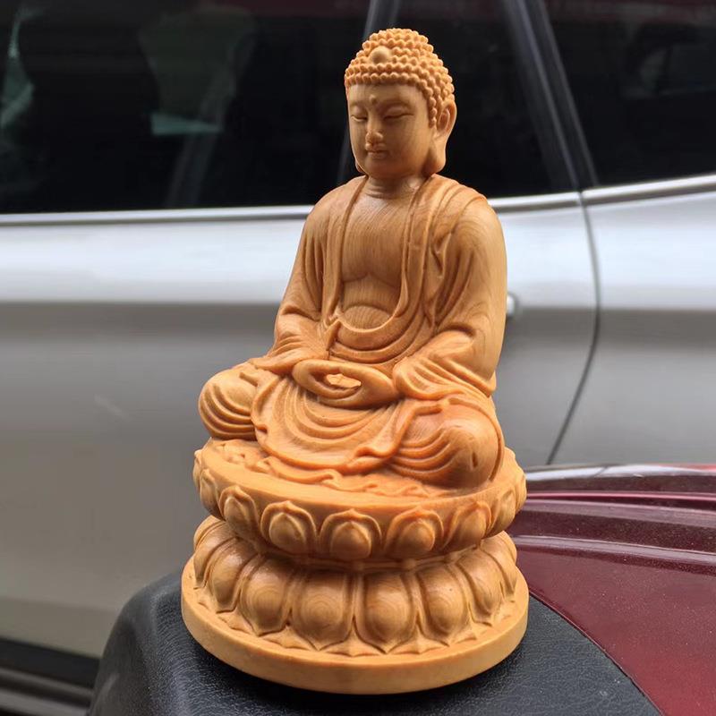 柏木雕刻坐莲花台释迦款摆件摆饰规格12×7×7车载装饰厂家