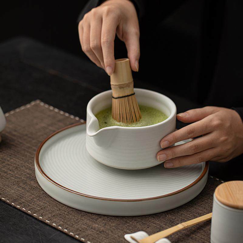 汝窑抹茶七件套可开片陶瓷带嘴打茶碗宋代点茶工具茶筅立茶刷托盘