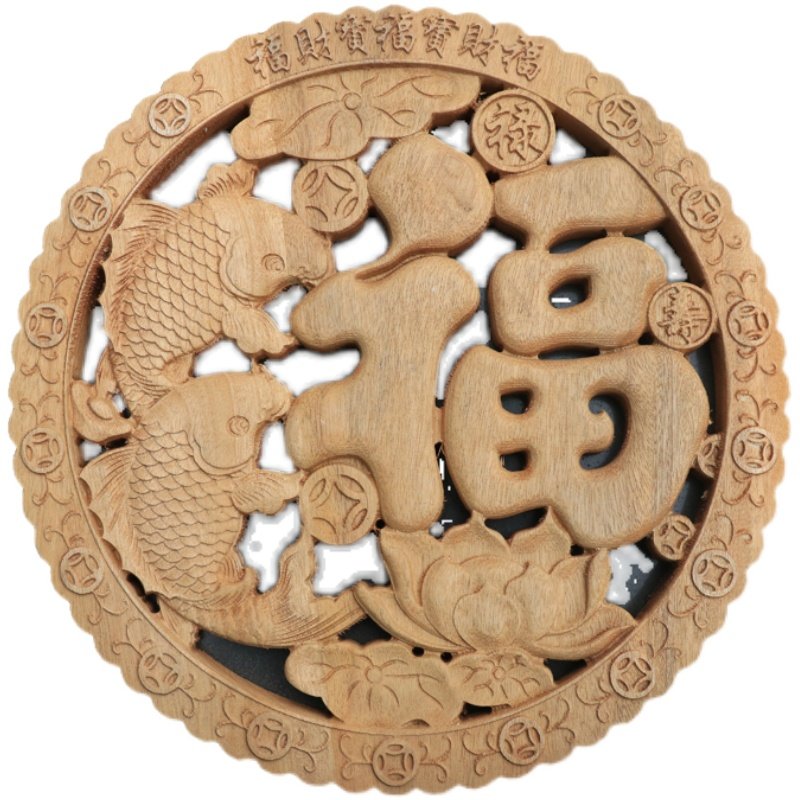 东阳木雕香樟木摆件办公桌子实木壁饰客厅酒柜装饰中式壁挂门对门