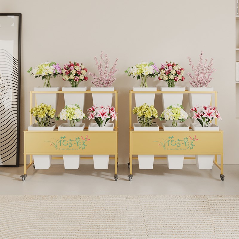 可移动带广告板阶梯多层花店方桶铁艺鲜花架子花店花桶展示架花架图片