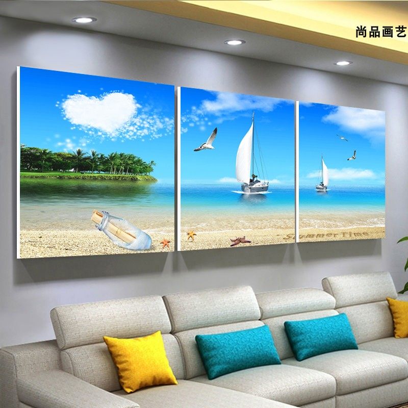 客厅餐厅卧室海边风景三联画简约大气装饰画沙发背景墙壁无框挂画