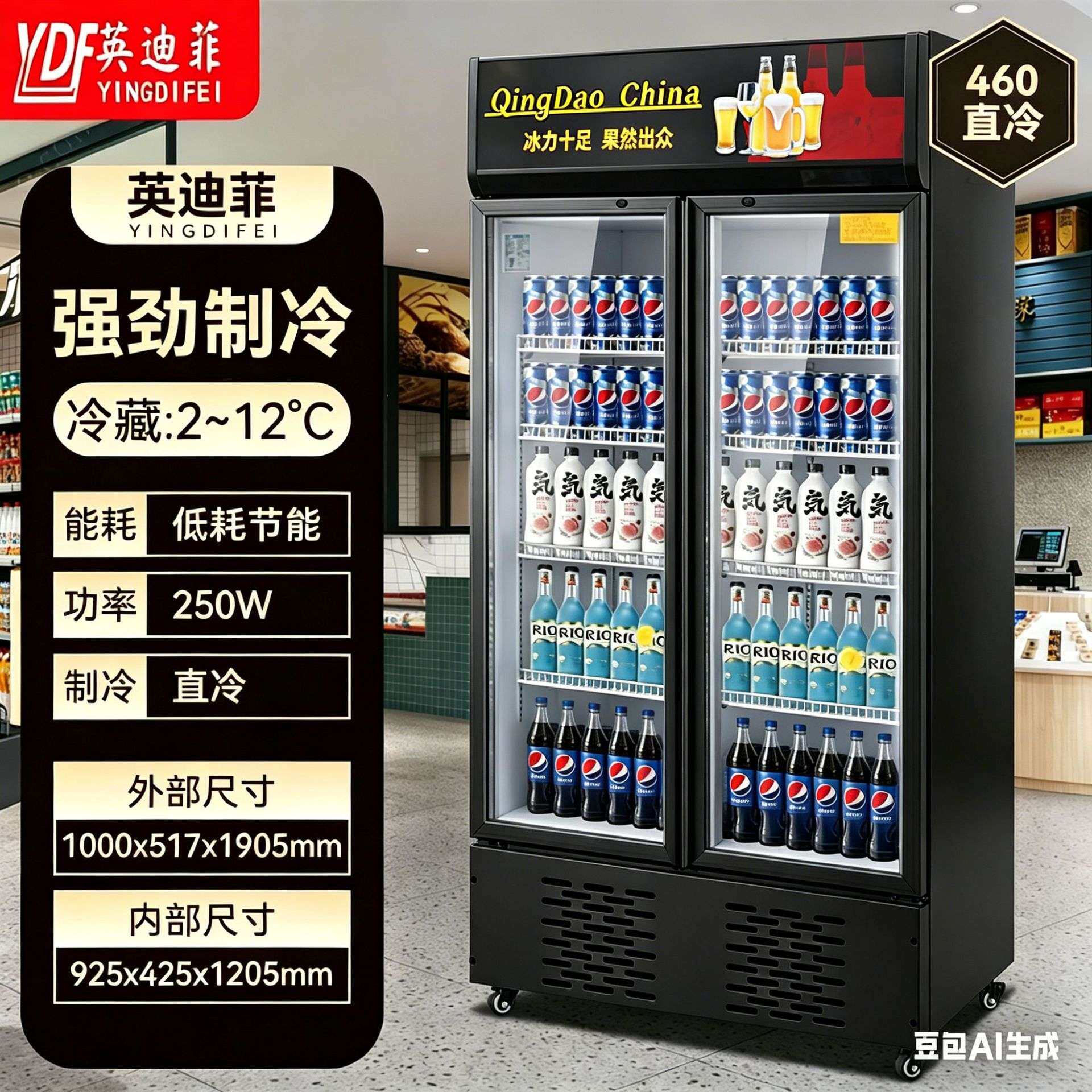 小双门直冷超市便利店保鲜柜啤酒饮料冷藏展示英迪菲商用展示柜