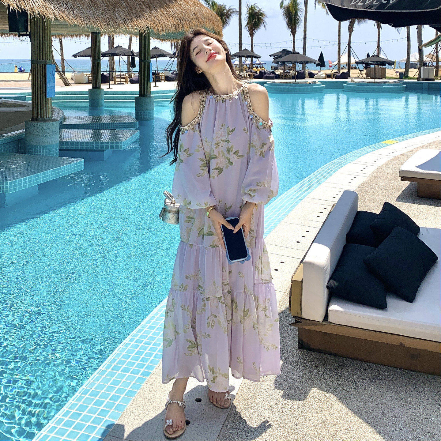 2026夏季女装新款时尚重工贝壳织带高端紫色露肩连衣裙韩版休闲