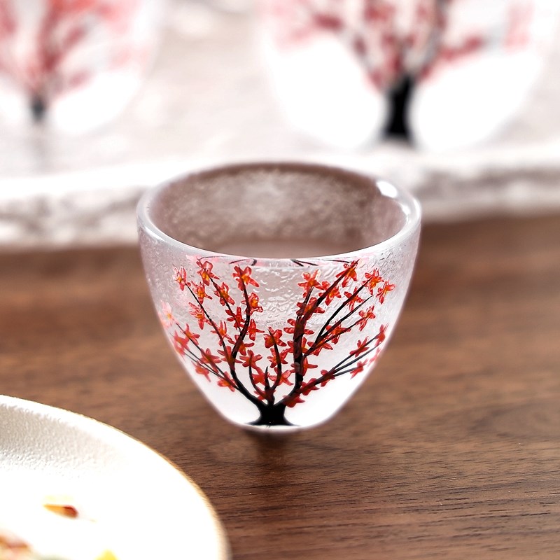 手绘樱花树玻璃酒具套装白酒黄酒杯子家用一两烈酒杯温酒壶清酒壶