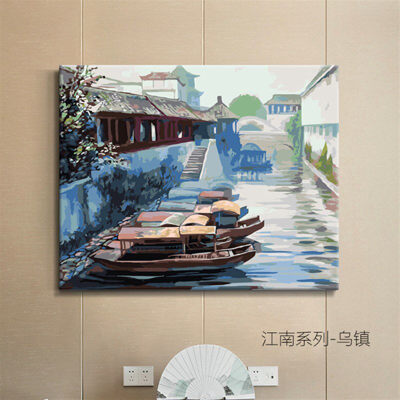 江南水墨山水DIY填色数字油彩画风景船新中式客厅书房古风装饰画