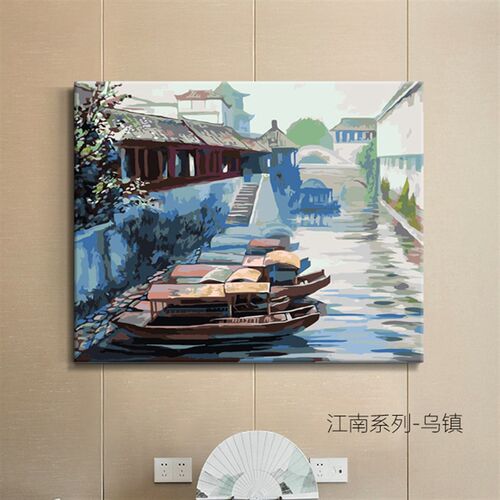 江南水墨山水DIY填色数字油彩画风景船新中式客厅书房古风装饰画