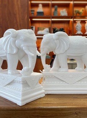汉白玉石雕大象摆件一对客厅招财办公桌摆放玄关酒柜吸水吸财石象