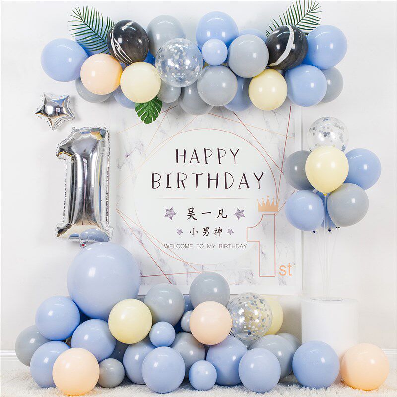 儿童宝宝一周岁生日布置场景装饰男孩子百天百日宴蓝色气球背景墙