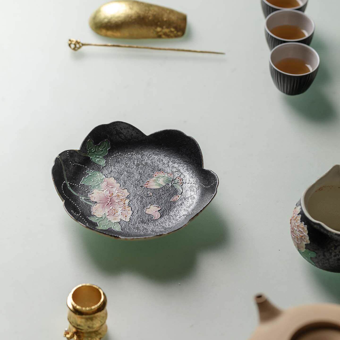 里茶作新中式手工陶瓷夜绽丹华壶手绘夜绽丹华干泡台防烫道茶承配
