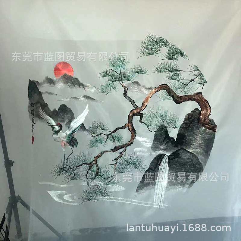 半透明纱布画单双面刺绣夜光苏绣屏风玄关工艺品装饰画心松鹤延年
