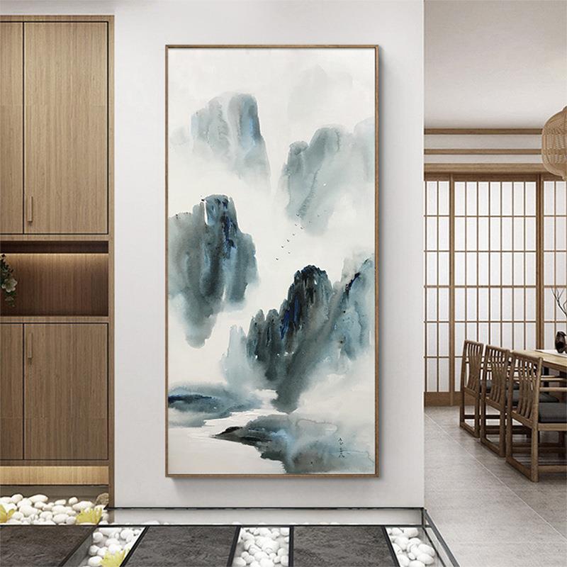 酒店走廊过道新中式水墨挂画玄关风景山水装饰画茶楼竖版禅意墙画