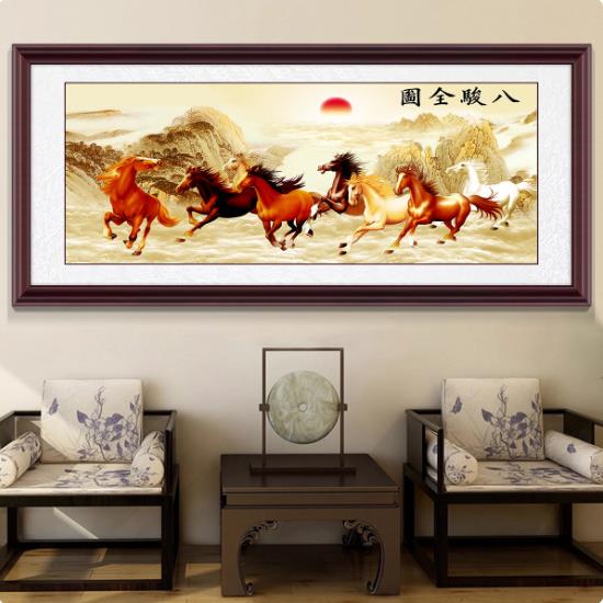 八骏图客厅装饰画大气八马图茶室书房办公室中式大幅马到成功挂画