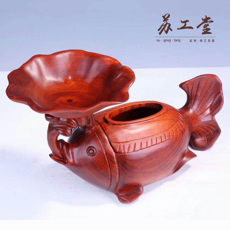 铁梨木鱼抽纸盒创意设计客厅桌面果盘实木雕刻摆设工艺品厂家