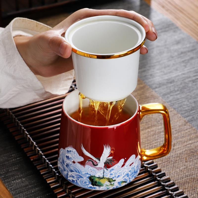 茶水分离泡茶杯带盖过滤马克杯送礼家用办公室会议陶瓷杯子带手柄